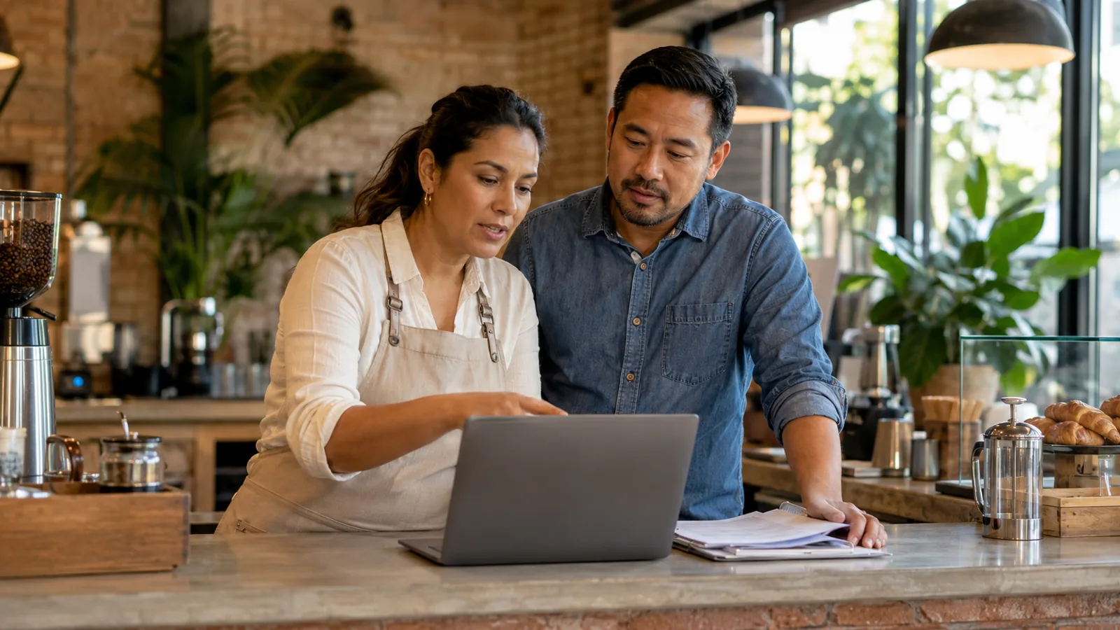 Small-business owners reviewing a renewal on a laptop