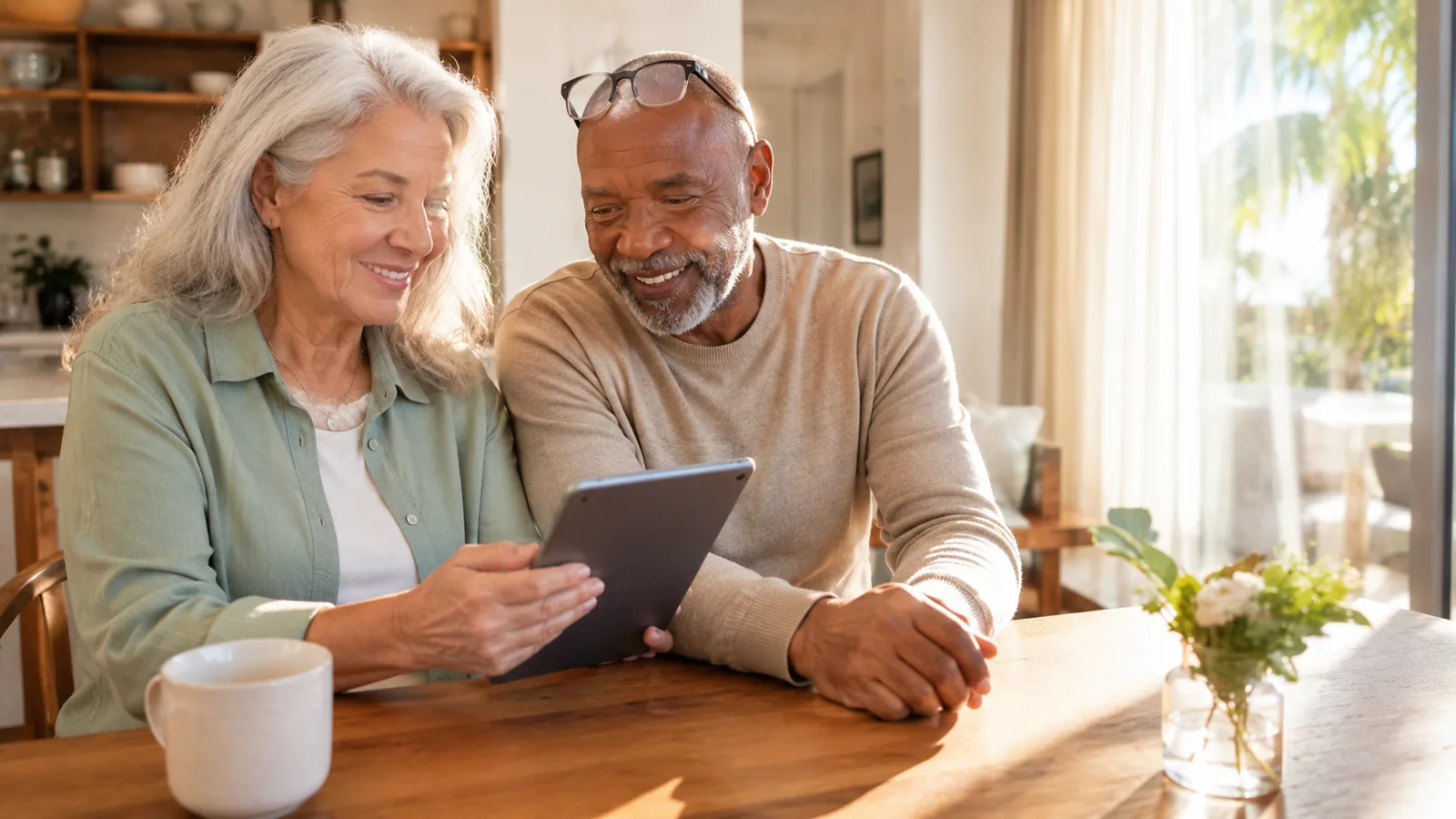 A senior couple reviewing Medicare options on a tablet